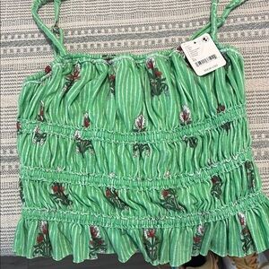 Free People Green Smocked Ruffled Tank Top